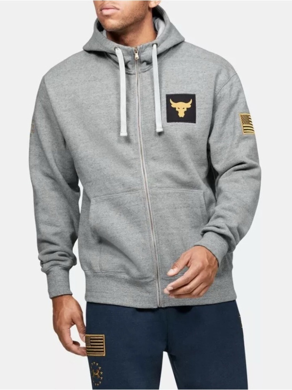 Under Armour Project Rock USA Flag Veterans Fleece Zip Pullover Black Gold